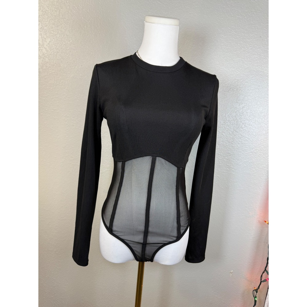 Love J Black Ribbed Mesh Corset Long Sleeve‎ Bodysuit Size M